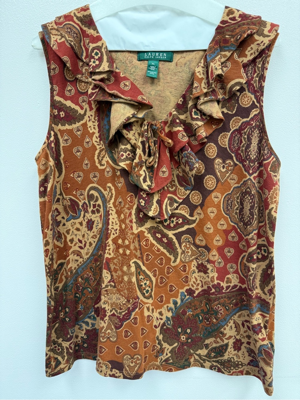 Ralph Lauren Paisley Ruffle-Neck Sleeveless Camisole in Rust and Tan